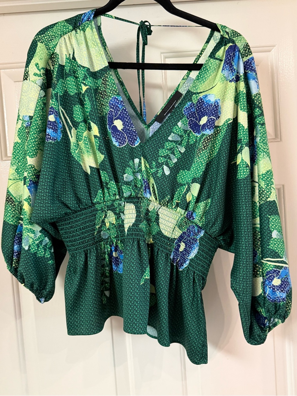 White House Black Market Green Floral V-Neck Smocked Waist Blouse